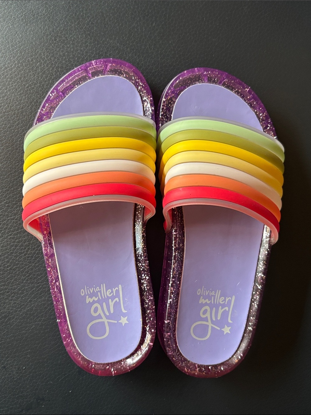 Olivia Miller Rainbow Strap Glitter Purple Slide Sandals